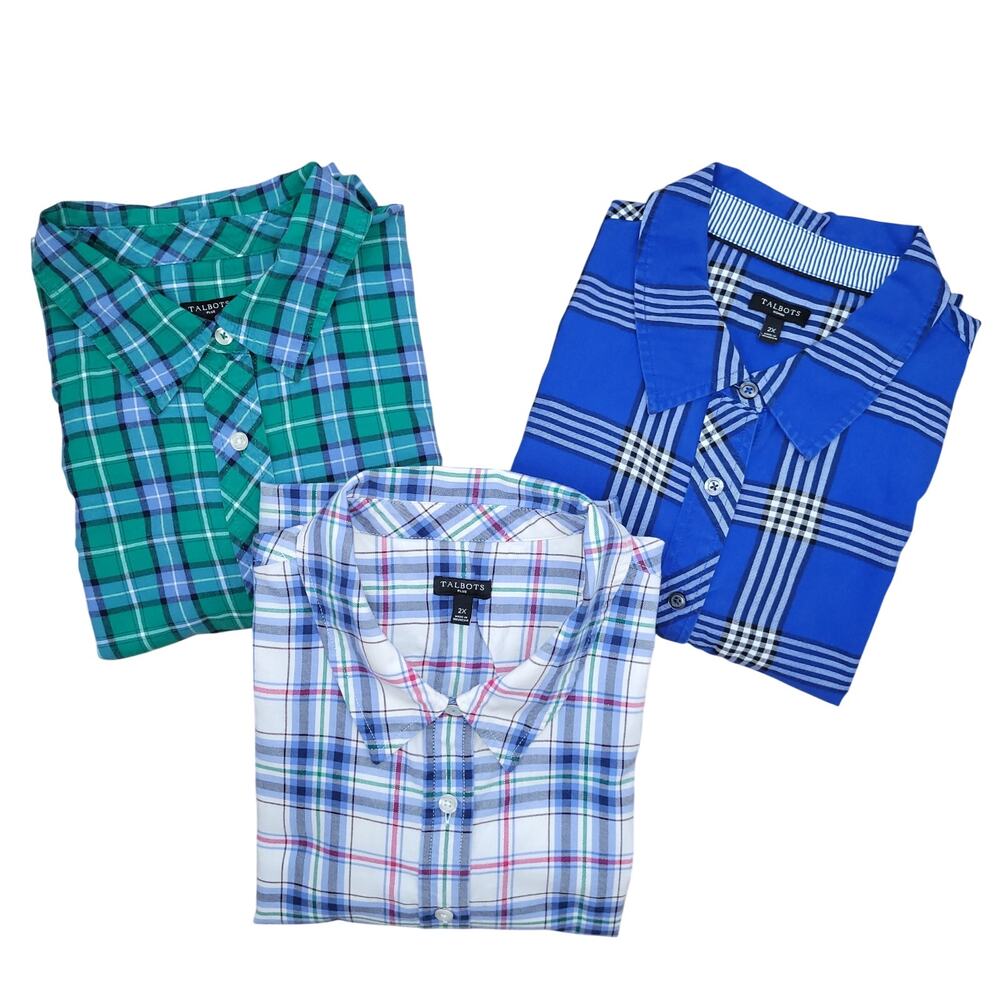 Talbots Plus 2X Flannel Shirt Lot of 3 Plaid Cotton Metallic Cozy Fall Winter